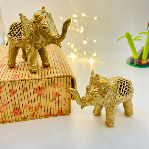 Set of 2 brass dhokra elephant figurine golden colour